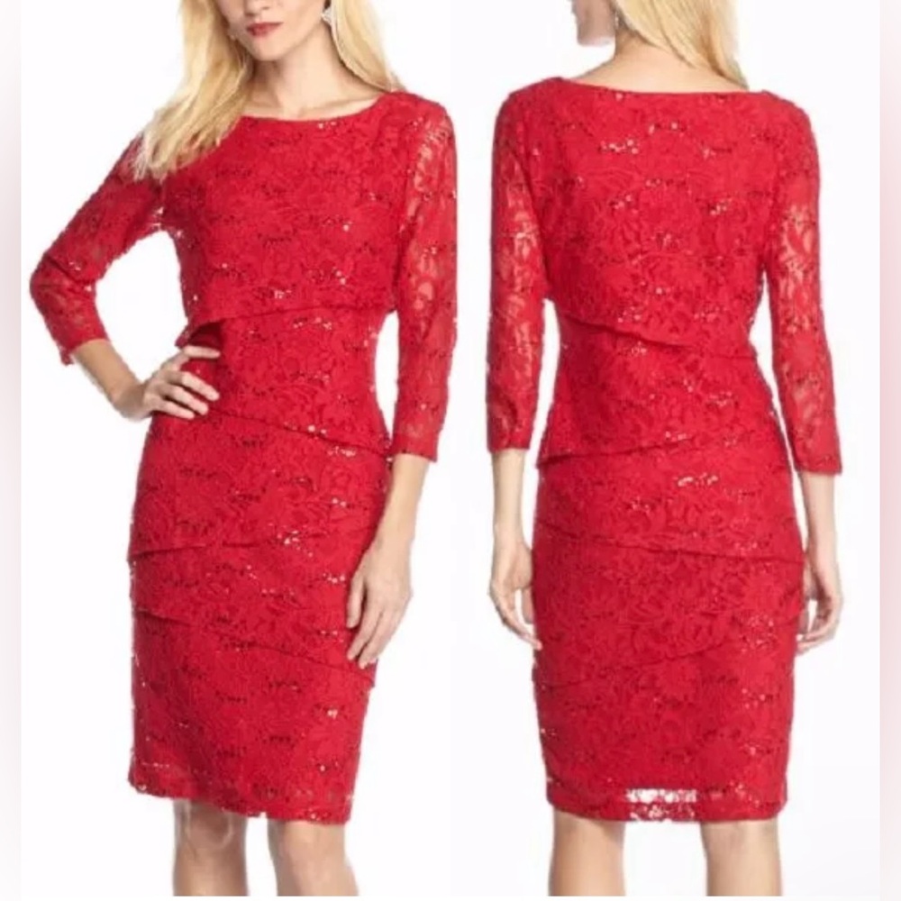 Ronni Nicole Red Tiered Stretch Lace
Sheath Cocktail Dress w/Sequin